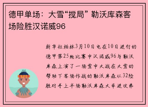 德甲单场：大雪“搅局” 勒沃库森客场险胜汉诺威96