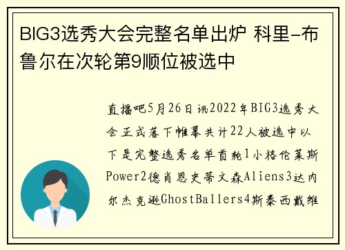 BIG3选秀大会完整名单出炉 科里-布鲁尔在次轮第9顺位被选中